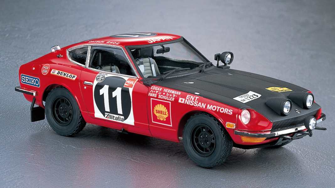 Hasegawa bringt den 1:24-Plastikkit des Datsun 240Z als Safari-Sieger von 1971
