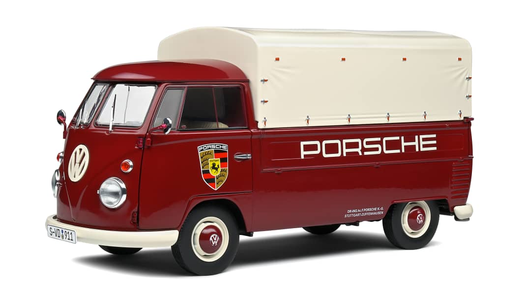 Solido bringt den weinroten VW T1 in 1:18 in “Porsche”-Dekoration