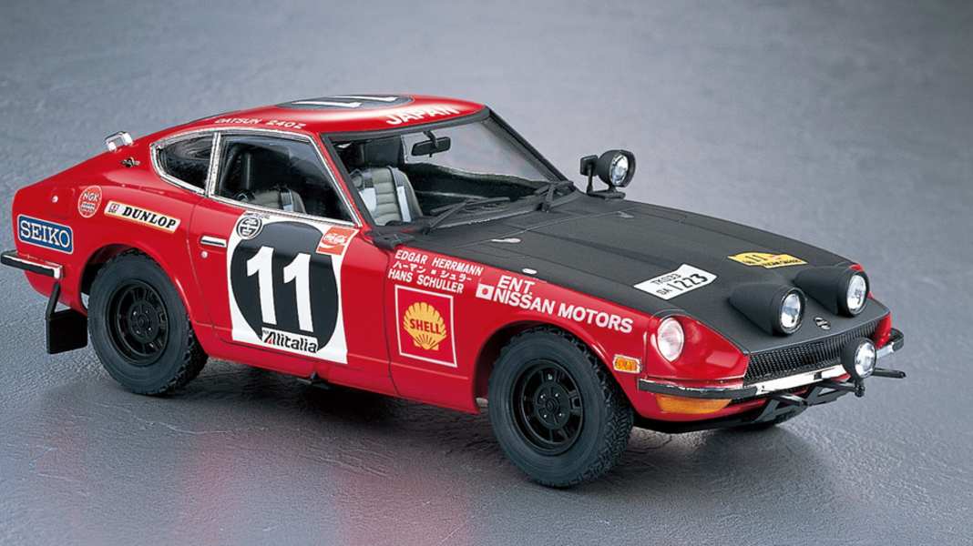 Hasegawa bringt den 1:24-Plastikkit des Datsun 240Z als Safari-Sieger von 1971