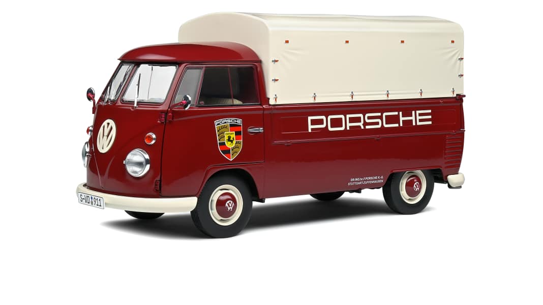 Solido bringt den weinroten VW T1 in 1:18 in “Porsche”-Dekoration