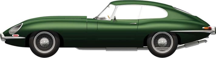 Die Seitenansicht zeigt die ungewöhnlich rassigen Proportionen des Jaguar E-Type vielleicht am eindruckvollsten. Airfix zeichnet bei seinem 1:43-Kit das Coupé nach. ]