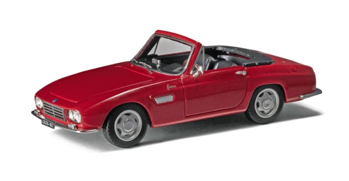 Der dritte Osca, den Esval für den Sommer verspricht, ist das 1:43-Resinemodell des 1600 GT als Cabriolet mit Fissore-Karosserie in Rot mit schwarzen Sitzen und schwarzer Persenning. ]
