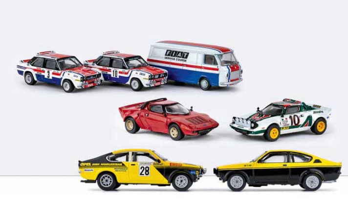 Fiat-Set mit dem Van (oben), Lancia Stratos HF für Straße und Rennen (rechts) und Kadett C Coupé in beiden Versionen