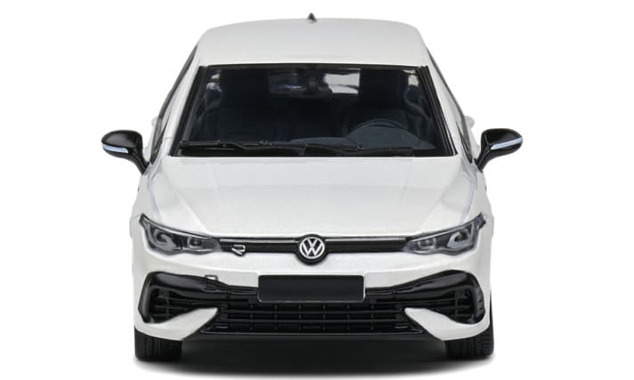 Schwarz bedruckte Scheibenwischer, hell schimmerndes VW-Emblem und Zierleiste im Grill. Auch die Dekoration des Volkswagen Golf im R-Sportdress kann sich bei der Solido-Verkleinerung sehen lassen. ]Foto: Werk