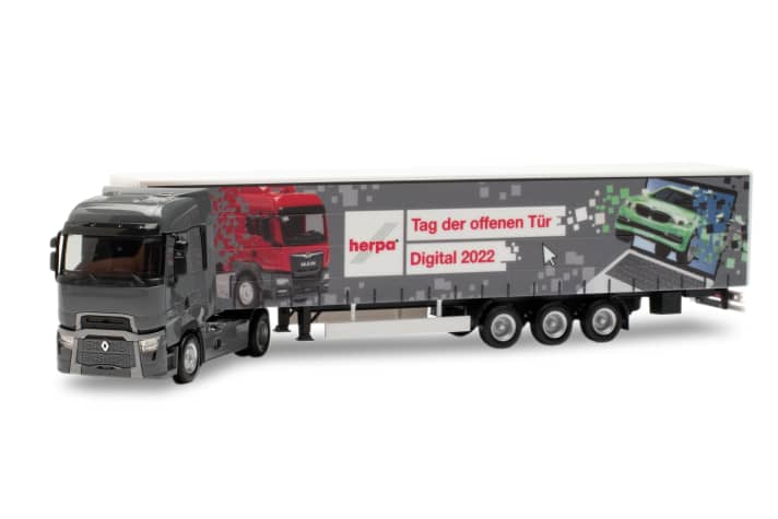 Den Abschluss der Modelle zum Sommerfest Digital von Herpa bildet dieser Renault T facelift Gardinenplanen-Sattelzug im 15-Meter-Format mit aufwendiger Beschriftung zum Schnapperpreis ]