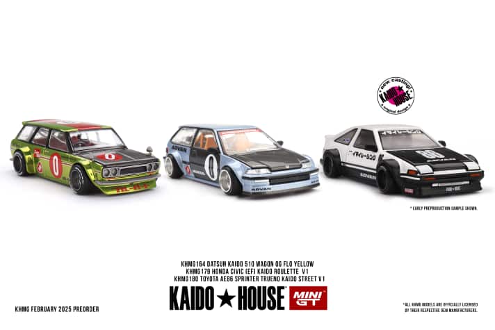Drei kleine Japaner: MINI GT schaut mit diesen drei getunten Japanern in 1:64 schon weit in die Zukunft. Die Kaido-House-Flitzer kommen wohl erst im August zu den Händlern. ] Foto: Werk