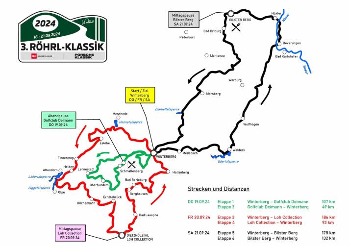 Die Gesamtstrecke der 3. Röhrl-Klassik: knapp 735 km in 2,5 Fahrtagen, Dreh- und Angelpunkt ist der Marktplatz von Winterberg sowie die Startaufstellungen am wenige Meter entfernten Oversum-Hotel.