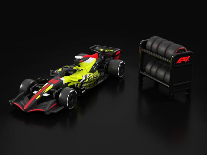 Egal ob Soft, medium oder hart: Am Concept-Fahrzeug von Hot Wheels für die Formel-1-Saison 2026 lassen sich alle drei Trockenreifentypen montieren. Das Design ist auf jeden Fall schrill. ] Foto: Hot Wheels