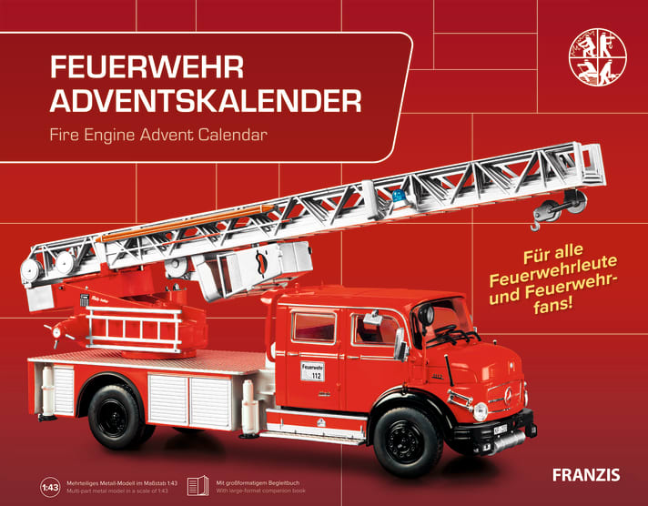 Wenn Sie einen Floriansjünger mit dem passenden Adventskalender beschenken wollen, ist da beim Franzis-Verlag auch etwas zu entdecken: ein Mercedes-Rundhauber als Leiterwagen im Maßstab 1:43  ]
