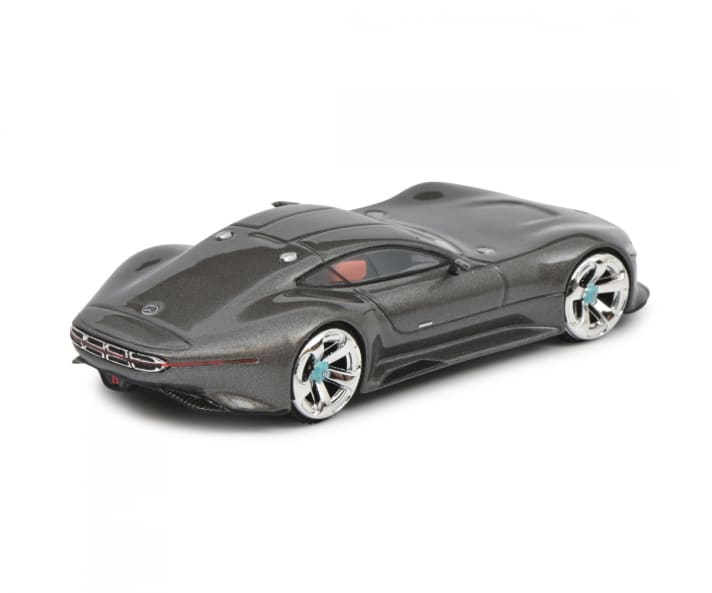 Der Mercedes AMG Vision Gran Turismo zeigt auch als 1:64er ein klassisches Fastback, aber eines ohne die übliche Heckscheibe. Wer will schon nach hinten schauen? ]