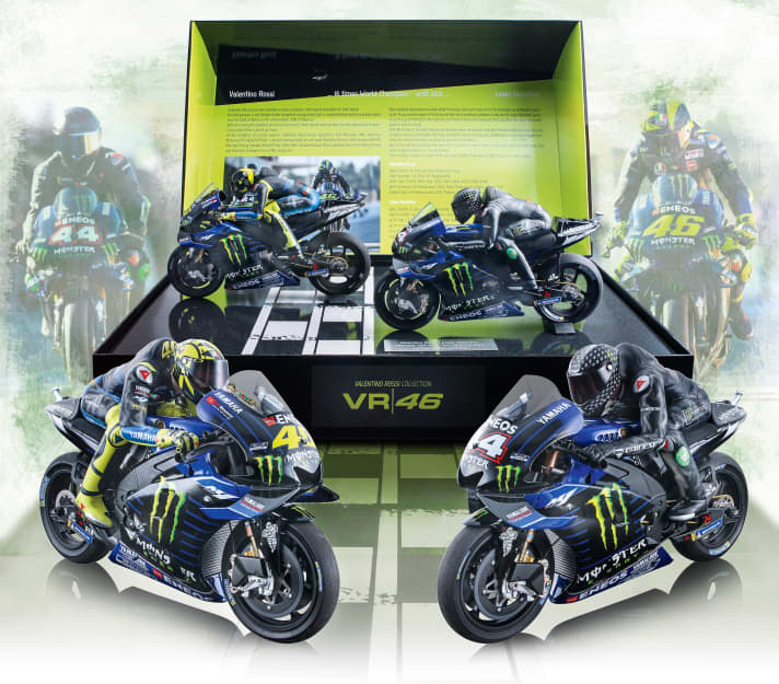 Das Testset von Minichampskommt in cooleBox, mit zwei Top-Yamaha-Bikes undSuper-Figuren in 1:12