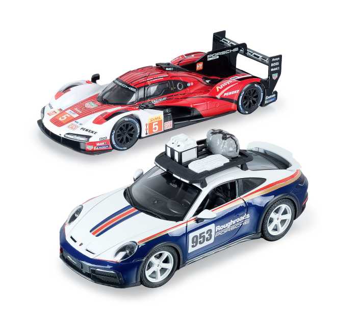 Bburago bringt den 911 Dakar ebenfalls, aber in 1:24 und mit Gepäck auf dem Dach. Auch der 963 gibt in diesem Maßstabseine Premiereals Die-Cast-Modell.