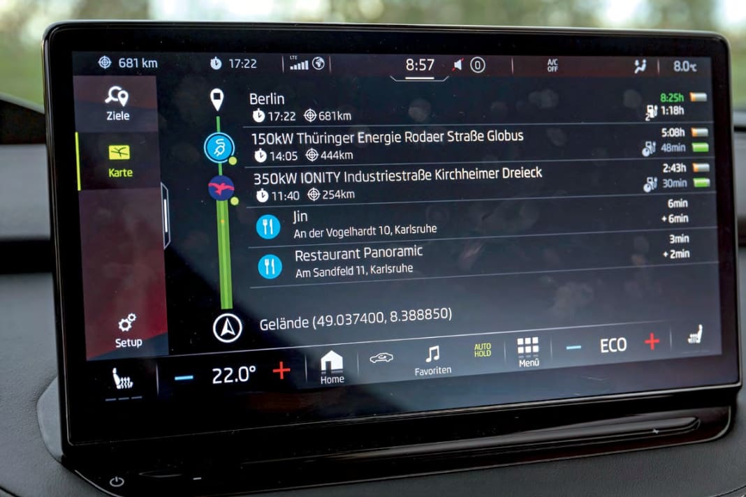 Auf langen Fahrten stellt der onlinegestützte Routenplaner mit Ladestopps eine echte Hilfe dar. Auf die angezeigten Infos ist zumeist Verlass | Fotos J. Bürgermeister, Skoda (1)
