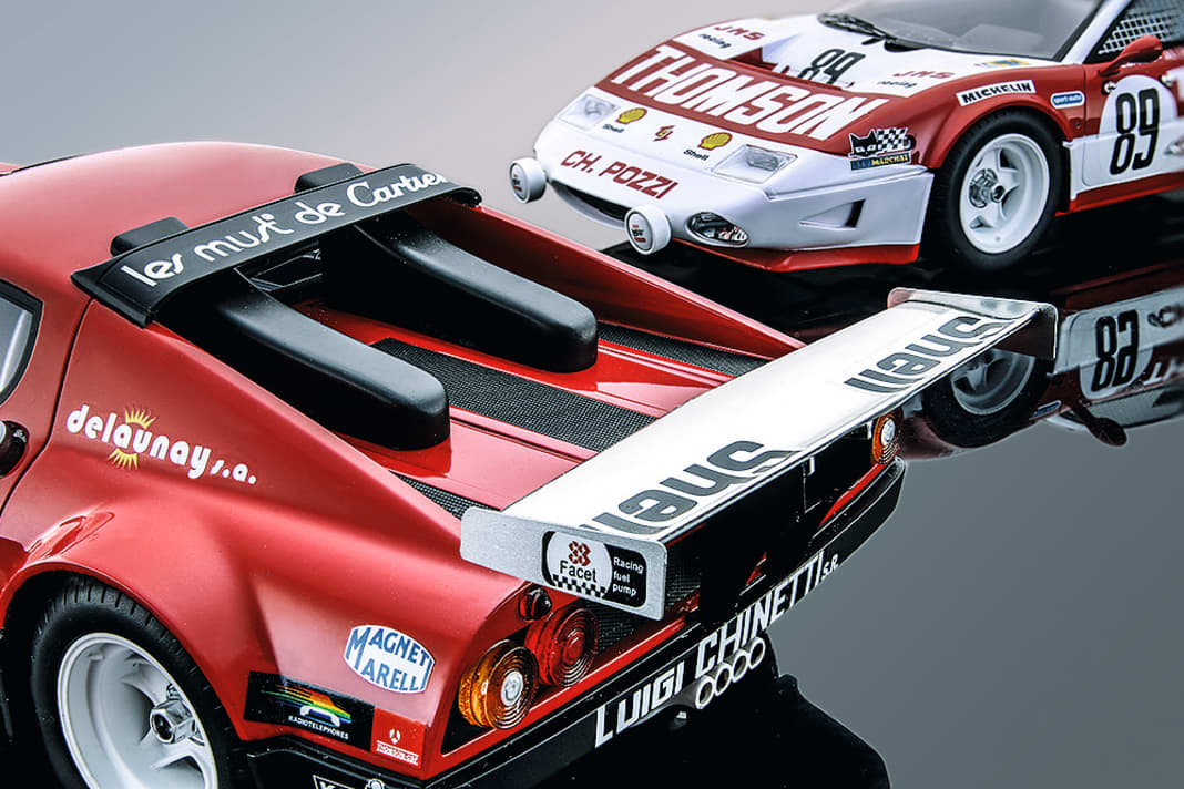 Tecnomodel baut vom Ferrari 512 BB im Maßstab 1:18 drei Rennversionen von 1978 und das Seriencoupé in Gelb und Rot