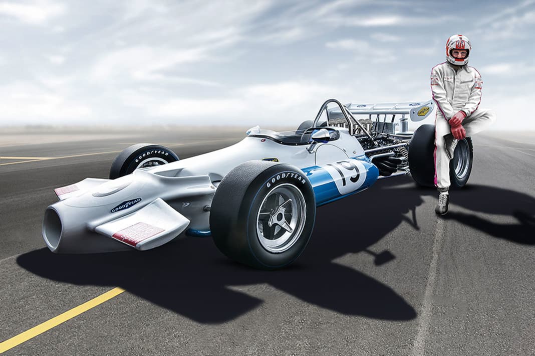 Den BT33 fuhr Jack Brabham noch selber. Bei dem 1:18er von Tecnomodel geht der F1 von Rolf Stommelen mit „ams“- Logos an den Start.