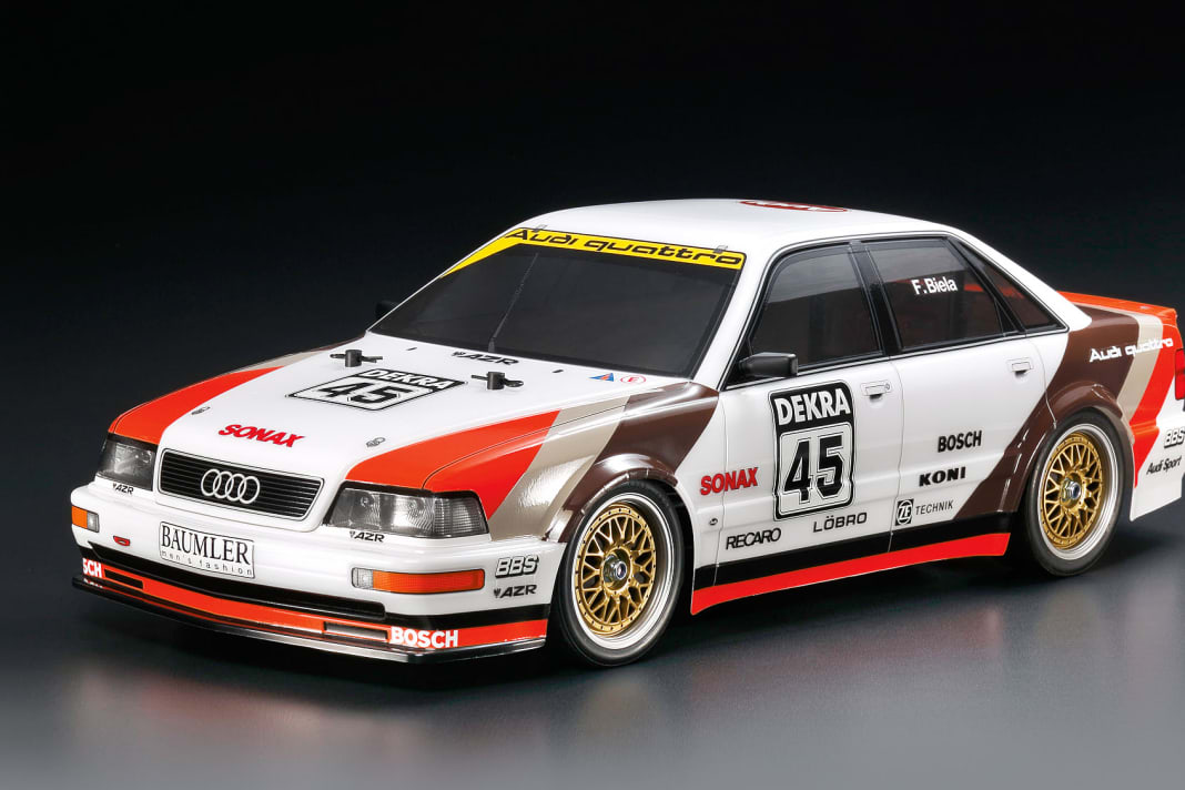 Tamiya liefert noch in diesem Jahr den Audi V8 DTM Evo von Champ Frank Biela als 1:10-RC-Flitzer auf TT-02-Chassis mit Allradantrieb