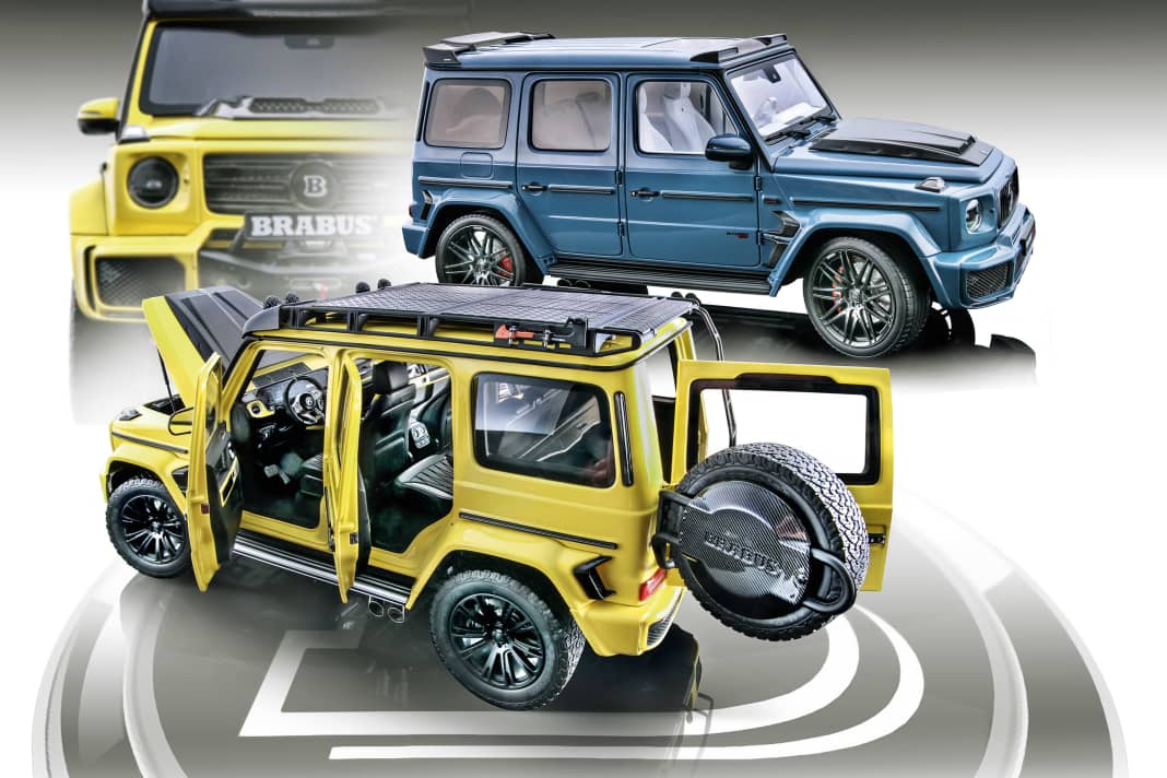 Der blaue Brabus G63 hat ein dezentes Cockpit – beide glänzen in den Bereichen Motornachbildung und Allradfahrwerk in 1:18 