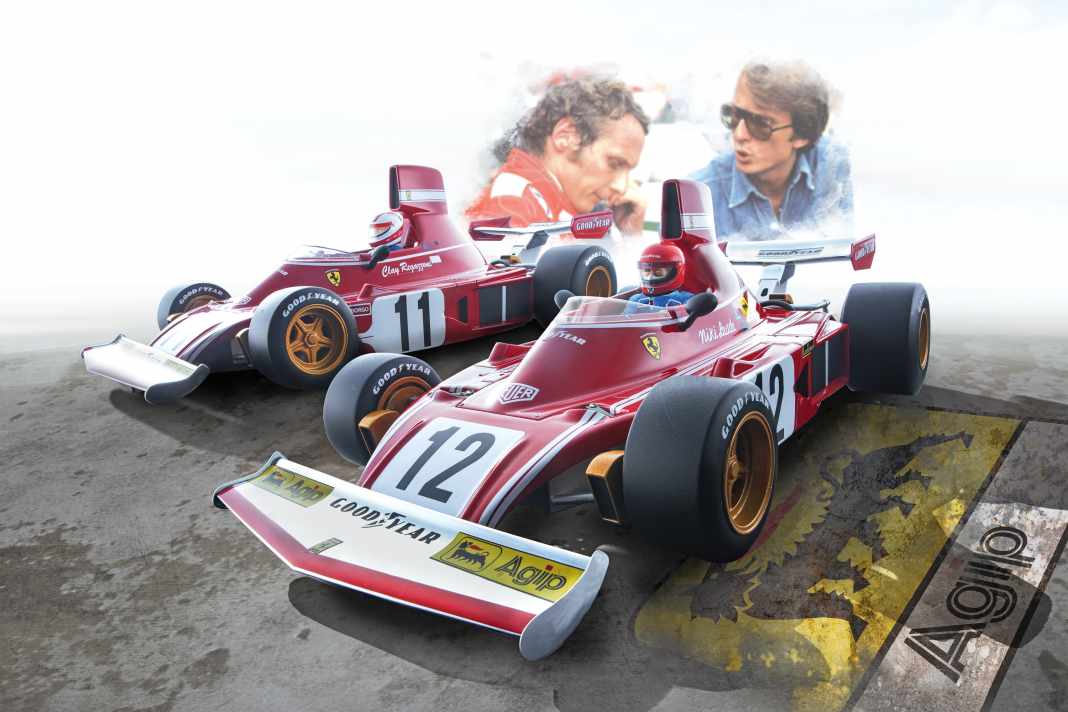 Niki Lauda mit Luca di Montezemolo (links) und das tolle Cockpit des Resine-Ferrari aus dem Fuhrpark von Tecnomodel in 1:18