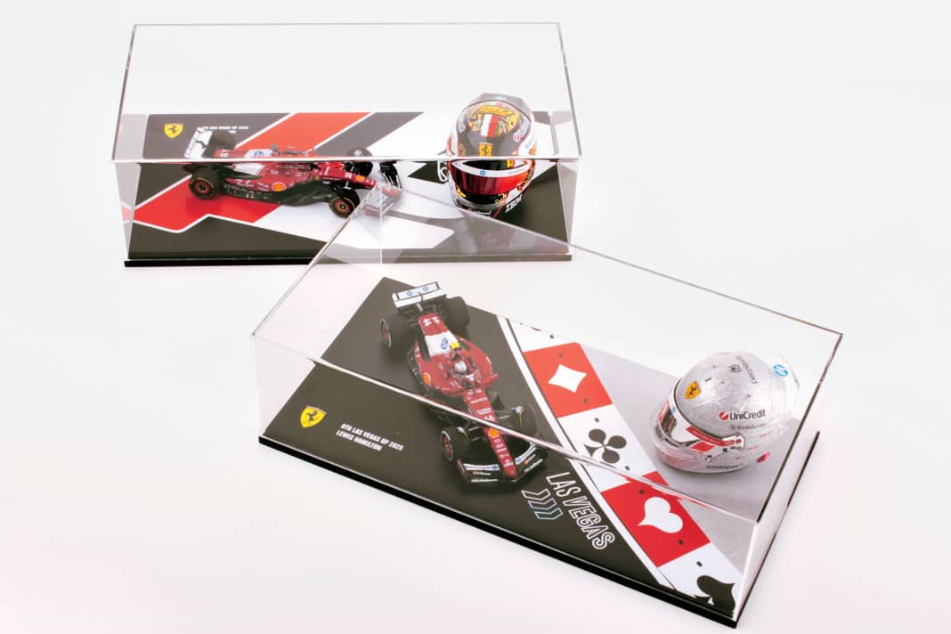 Helm in 1:5 und Ferrari-Helden im 1:43-Monoposto kombiniert Looksmart mit zwei sehr interessanten Sets im Las-Vegas-Look