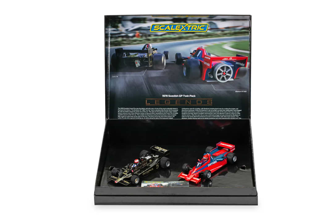 Seinem Twin-Pack zum Schweden-GP 1978 spendiert Scalextric eine tolle Box