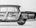 Patent von Béla Barényi für die Sicherheitskarosserie im Jahr 1951. Schnittbild der Mercedes-Benz „Heckflosse“-Limousine der Baureihe W 111, des ersten Personenwagens mit Sicherheitskarosserie