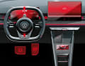 Ein weiteres Cockpit-Rendering zeigt das reduzierte Bedienkonzept. Auf der Mittelkonsole thront der „GTI-Erlebnisschalter“ im klassischen Golfball-Design