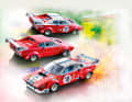 Le Mans-Renner von 1975, Vorserienversion und Le-Mans-Starter 1974 des 308 GT4 NART von Tecnomodel in 1:18 (von oben)