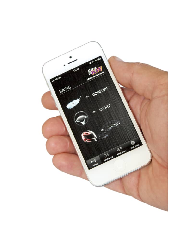   Die App von KW Automotive schaltet die Stoßdämpfer per iPhone, iPad oder iPod Touch auf Comfort, Sport und Sport+ um. Außerdem sind prozentgenaue Einstellungen sowie ganz individuelle Settings möglich – und das Weiterleiten der Werte an Freunde per E-Mail