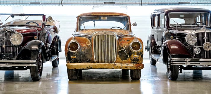Unrestaurierter Horch 830 BL zwischen Horch 420 Cabriolet von 1931 und Horch 851 Pullman von 1935