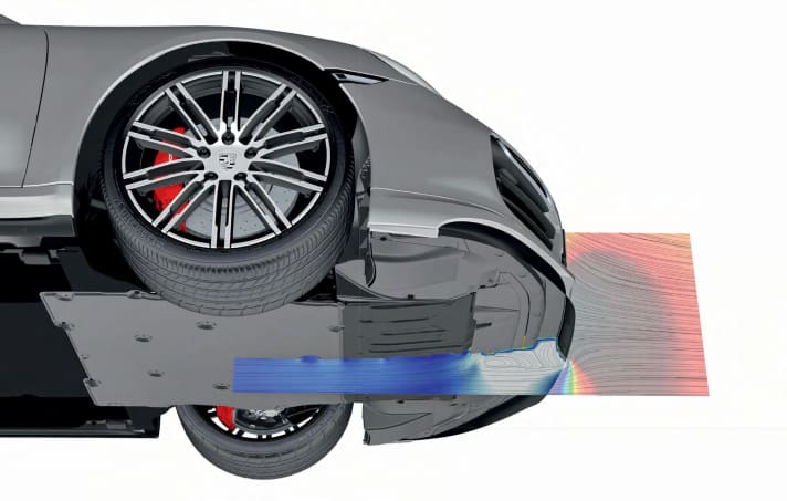 Vollflächig verkleidet ist der Unterboden des Porsche 911 Turbo der Generation 991 (linke Seite). Das ermöglicht einen Ground-Effekt wie im Motorsport: Der 911 saugt sich dabei förmlich an die Straße an. | Porsche AG