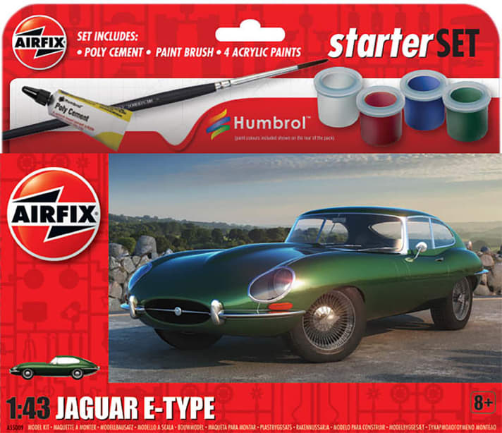 Bausatzlegende Airfix bringt zum Briten-Klassiker Jaguar E-Type gleich ein Starterset mit vier ausgesuchten Farben, einem Pinsel und passendem Klebstoff für die Kunststoffteile auf den Markt]