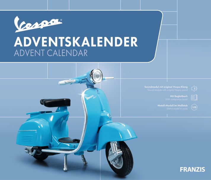 In 24 Schritte, deren Teile sich hinter geheimnisvollen Türchen verbergen, lässt sich dank Franzis Verlag auch diese hellblaue Vespa im Maßstab 1:43 bis Weihnachten komplett zusammenfügen ]