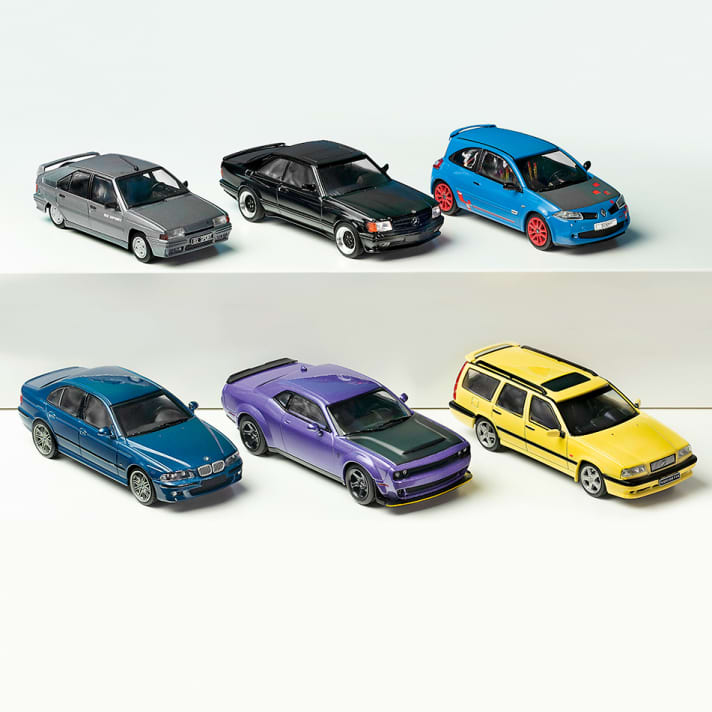 Citroen BX, AMG-Coupé und Megane RS (obere Reihe), Alpina B10, Dodge Challenger und Volvo T5R