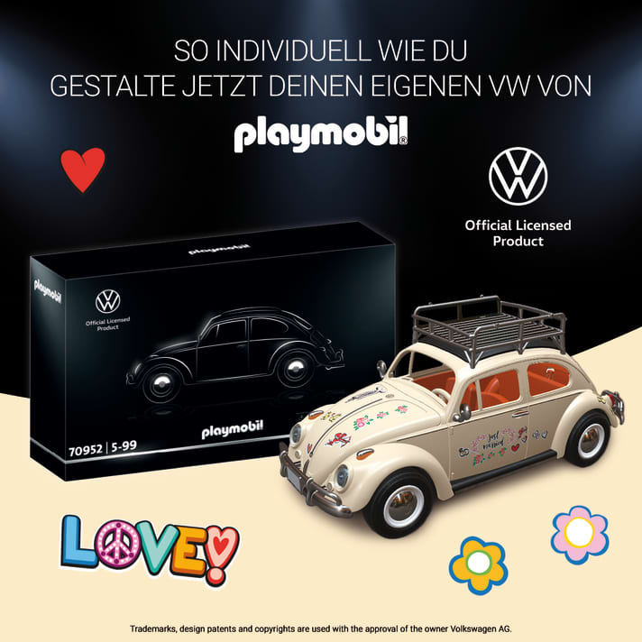 Nicht nur beim Volkswagen Bulli, sondern auch beim Käfer sind für die Playmobil-Kunden ab sofort individuelle Wünsche in Farbe und Dekoration bestellbar ab Werk in Zirndorf ]