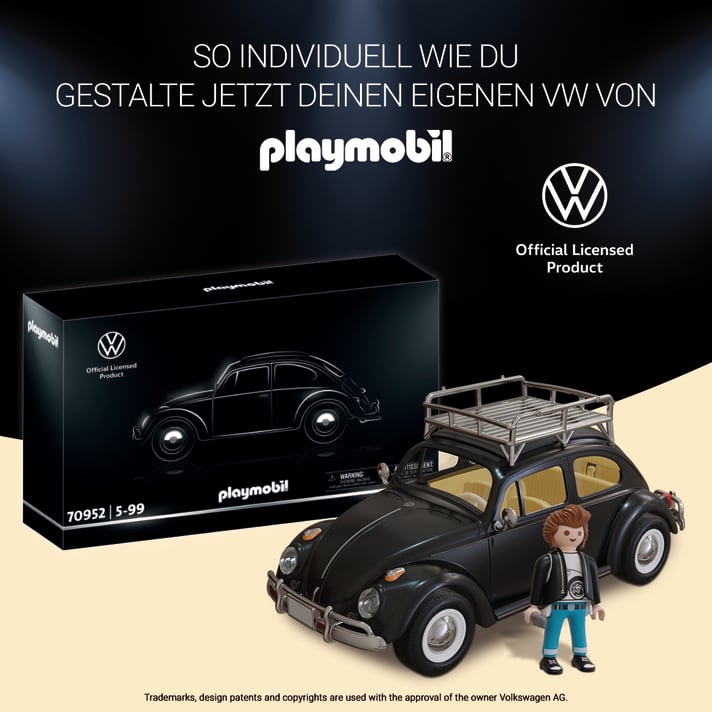 Dank der neuen Konfigurations-Möglichkeiten geht beim Volkswagen Käfer von Playmobil nicht nur bunt, sondern auch ausgesprochen elegant, bis hin zum Dress des stolzen VW-Fahrers ]