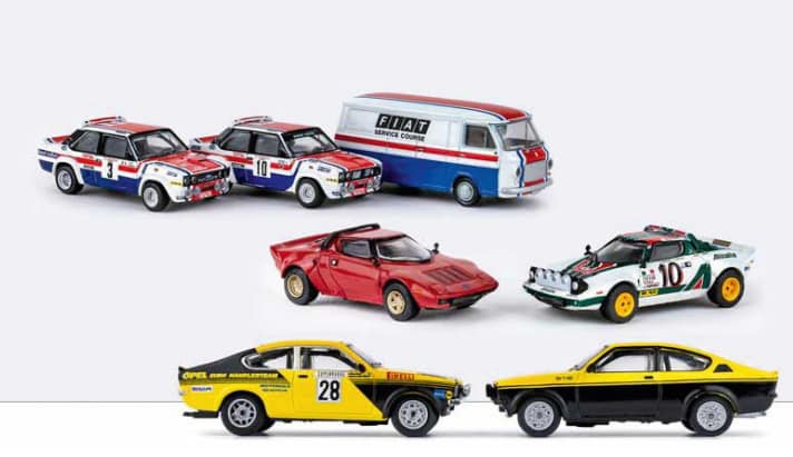 Fiat-Set mit dem Van (oben), Lancia Stratos HF für Straße und Rennen (rechts) und Kadett C Coupé in beiden Versionen