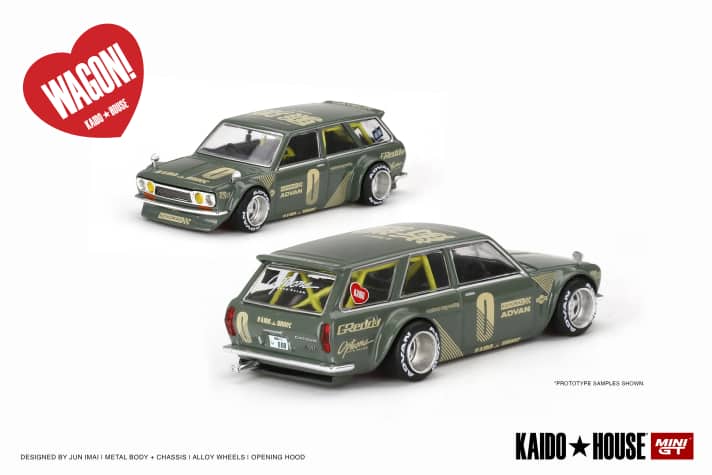 Neben der blauen Version ist bei Mini GT in der Baugröße 1:64 vom Kaido-House 510 als Estate Wagon auch eine olivgrüne Variante erhältlich, die ebenfalls aufwendig dekoriert ist.]