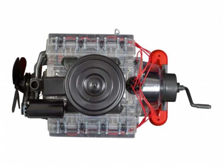 Der V8 von Revell als 1:4-Modell ist ein Riesentrumm. Die fertig montierte Maschine aus Kunststoffteilen, Gummikeilriemen und Vinylzündkabeln misst 31 Zentimeter in der Länge ]