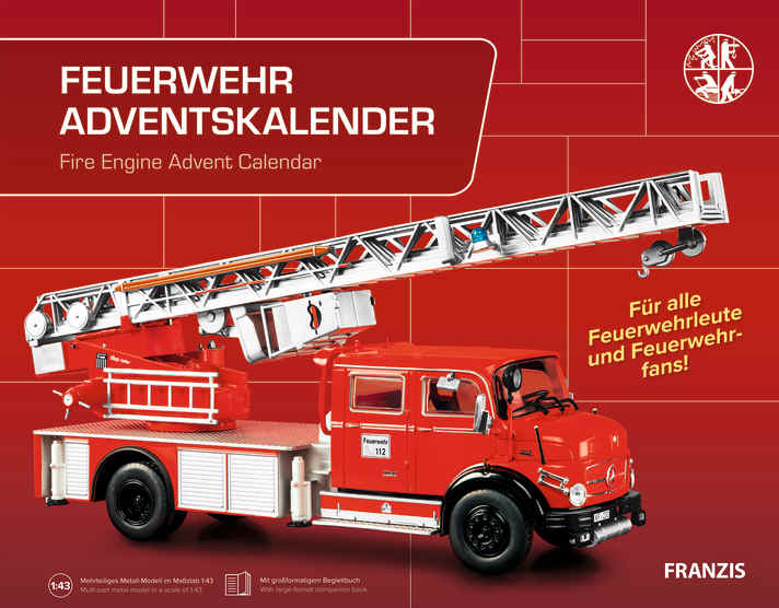Wenn Sie einen Floriansjünger mit dem passenden Adventskalender beschenken wollen, ist da beim Franzis-Verlag auch etwas zu entdecken: ein Mercedes-Rundhauber als Leiterwagen im Maßstab 1:43  ]