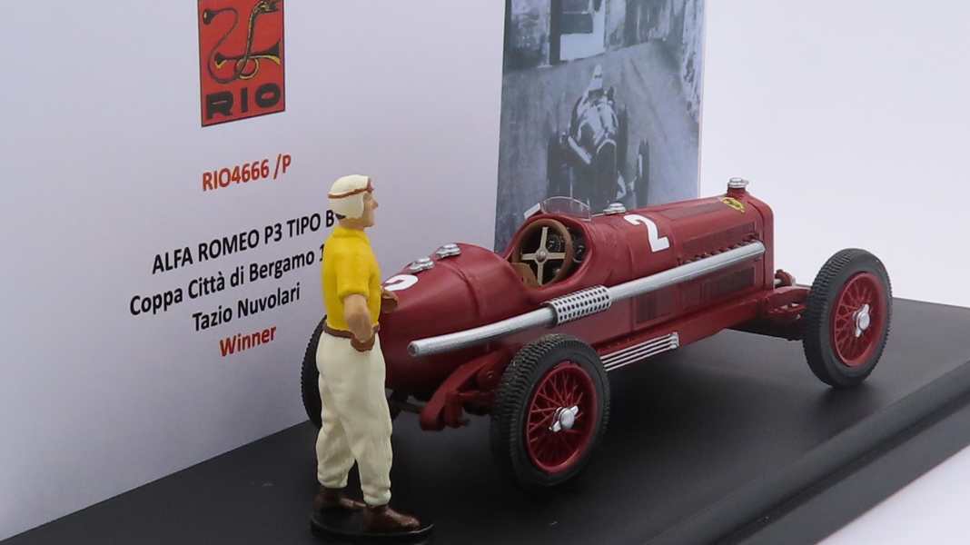 Rio bringt Tazio Nuvolaris Siegerwagen von 1935 aus Bergamo mit Figur in 1:43