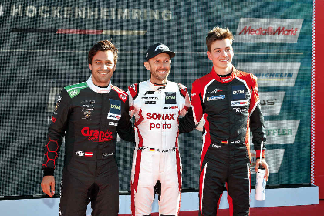 Clemens Schmid (Lamborghini) und die beiden Audi-Piloten René Rast und Marius Zug