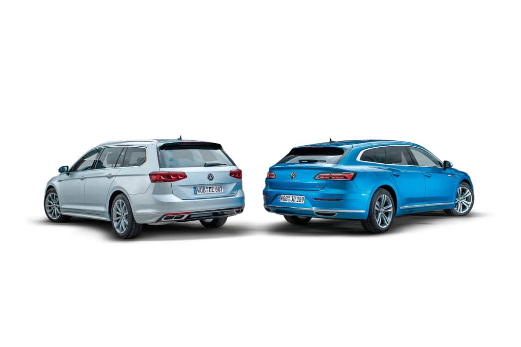 Variant: Im Paket enthalten sind auch ein größerer Heckspoiler und zwei doppelflutige Endrohr-Blenden in Edelstahl, Arteon: Die edle Ausstattung garniert Volkswagen zudem in Serie mit 18 Zoll großen Alurädern