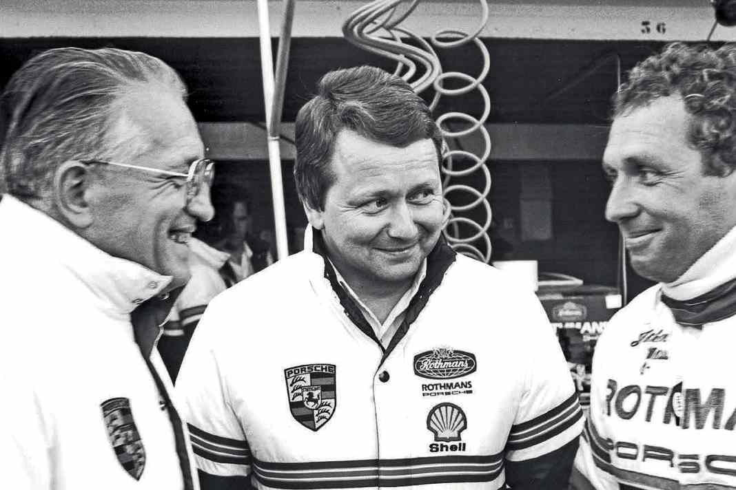Helmuth Bott, Dr. Wolfgang Porsche und Jochen Mass in Le Mans 1982 (v.l.)