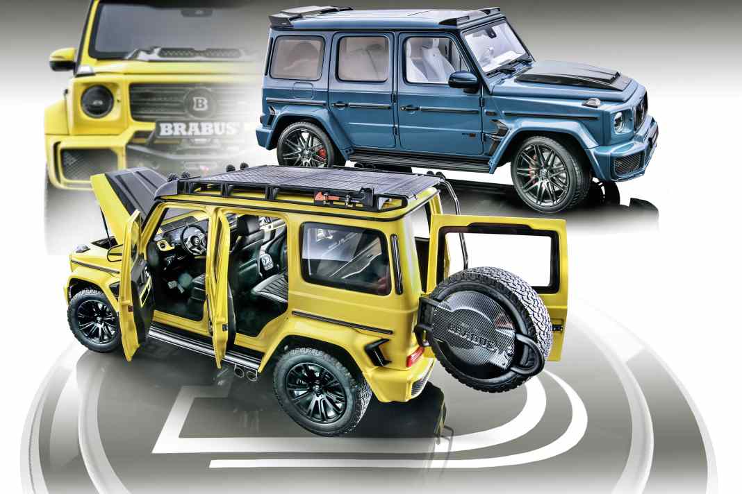 Der blaue Brabus G63 hat ein dezentes Cockpit – beide glänzen in den Bereichen Motornachbildung und Allradfahrwerk in 1:18 