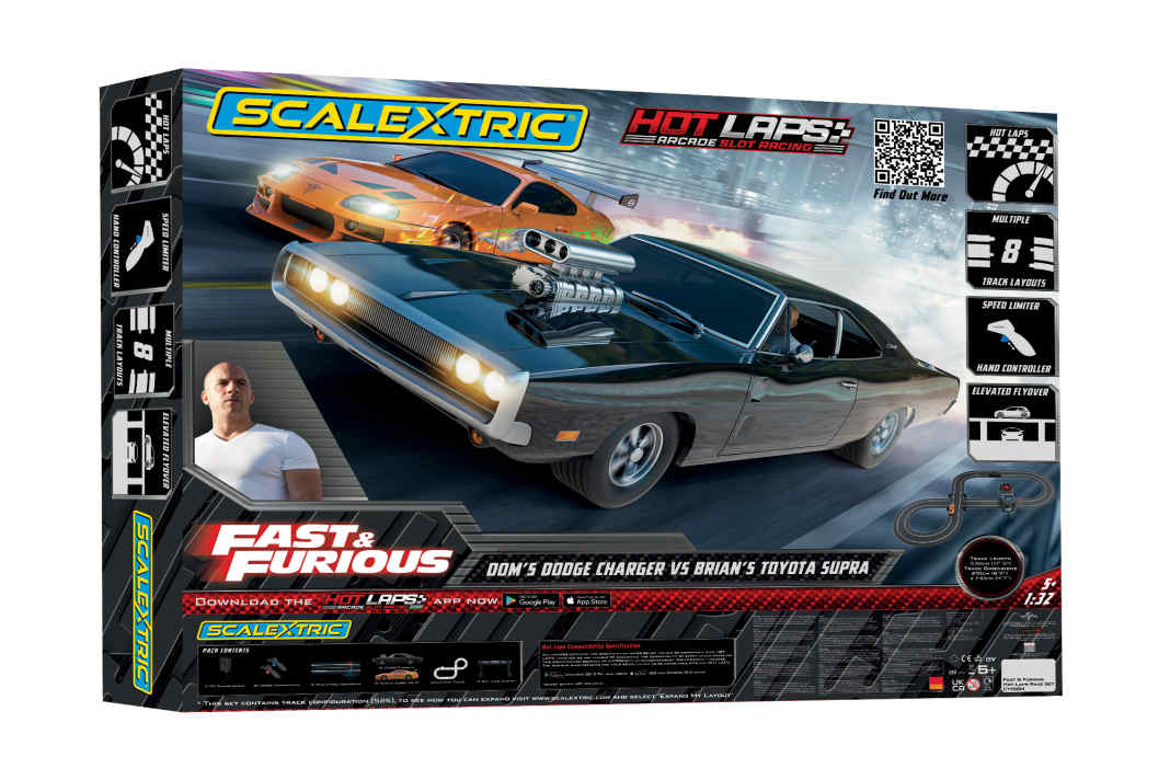 Eine neue Startpackung bei Scalextric tritt mit dem Dodge Charger und dem Toyota Supra aus den Filmen von "Fast & Furious" in 1:32 an ] Foto: Werk