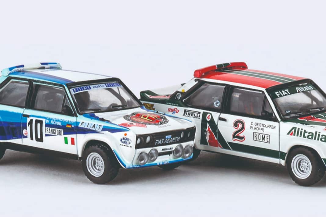 Wenn Brekina in H0 das Rallye-Fass aufmacht, dann sind die Fiat 131 mit dabei, mit denen Walter Röhrl Motorsportgeschichte geschrieben hat