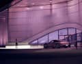 Pastellfarben: Die Museumsbeleuchtung harmoniert perfekt mit dem Porsche Taycan.