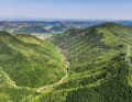 Panorama: Grün bewachsene Hügel prägen die Gegend rund um den Pingtian-See östlich der Stadt Chizhou, der in der Ferne bereits zu sehen ist.