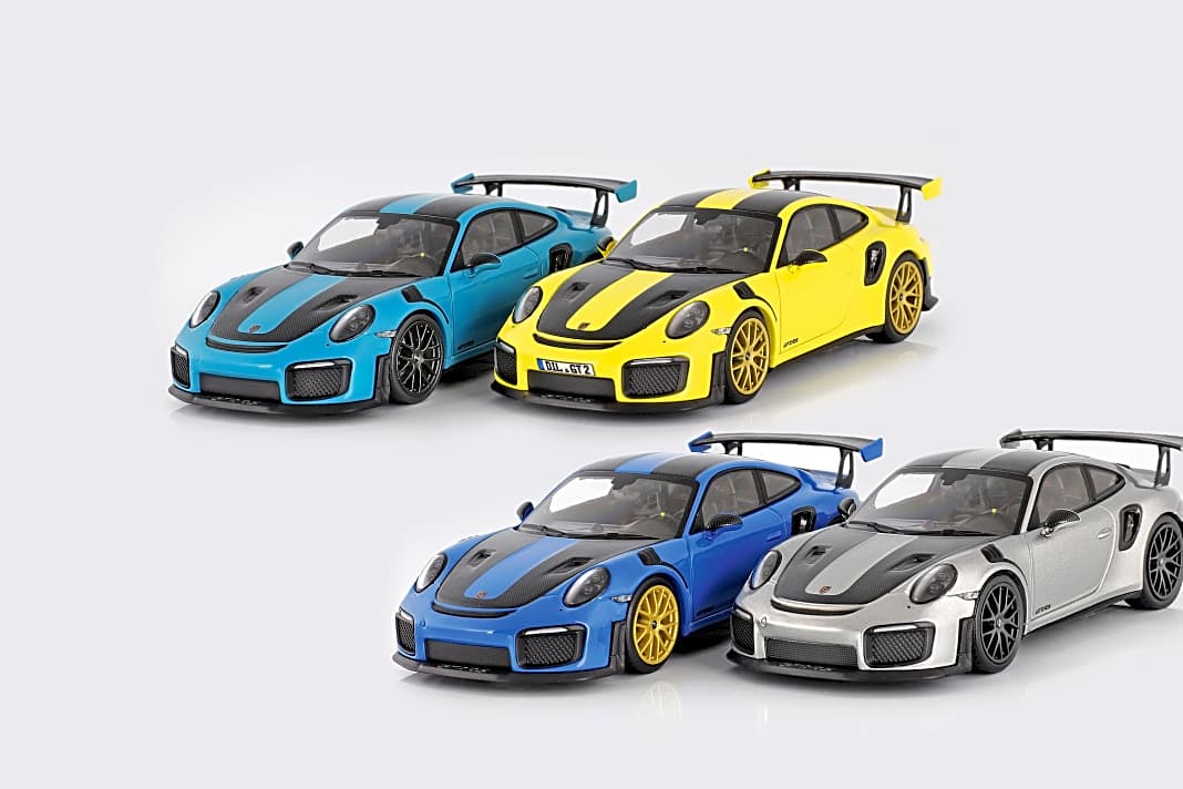 In vier exklusiven Farben baut Minichamps sein 1:43- Modell des Porsche 911 (991) GT2 RS für CK-Modelcars in 222er-Auflage
