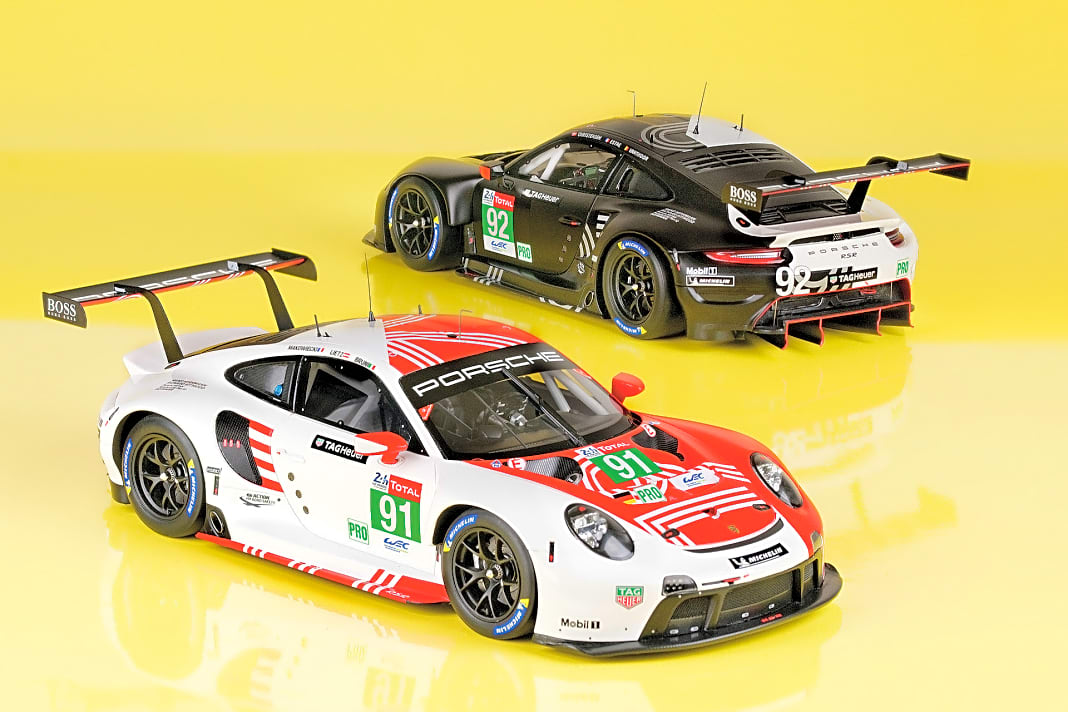 In fantastischem Finish baut Minimax für Porsche die beiden 911 RSR aus dem Le-Mans-Rennen von 2020 in der Baugröße 1:18 aus Resine nach